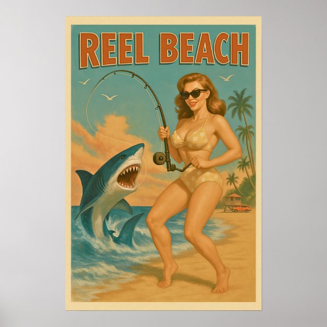 Reel Beach Shark Fishing Pin Up -Retro Coastal Ar Poster (Framsidan)