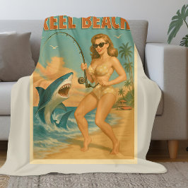 Reel Beach Shark Fishing Pin-Up Retro Coastal Life Fleecefilt