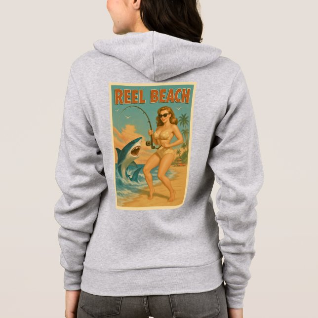 Reel Beach Shark Fishing Pin-Up Retro Coastal Life T Shirt (Baksida)