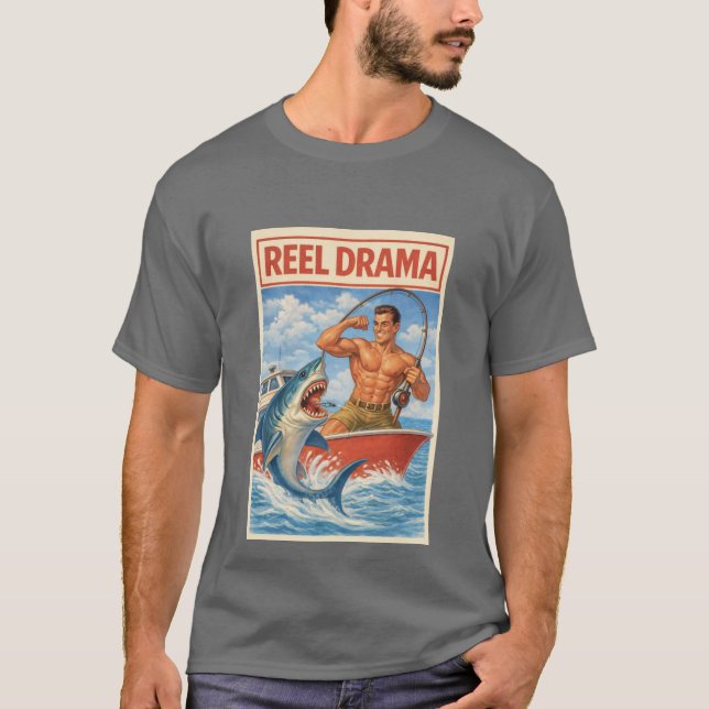 Reel Drama Shark Fisherman | Funny Retro Boating T Shirt (Framsida)