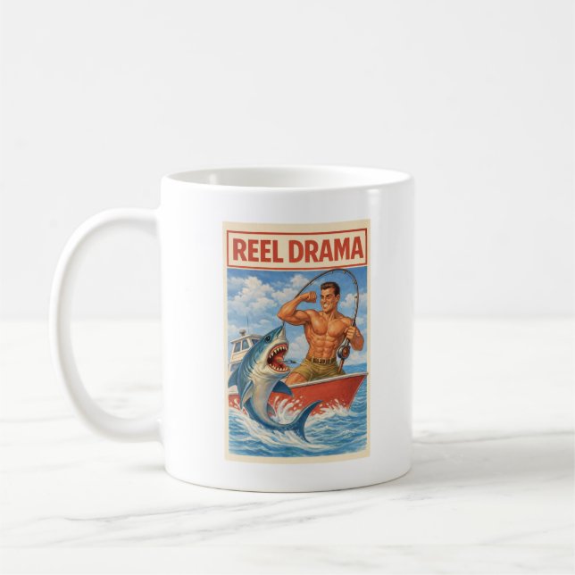 Reel Drama Shark Fisherman | Funny Retro Fishing Kaffemugg (Vänster)