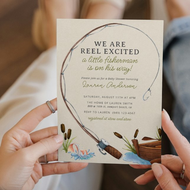 Reel Exced Fisherman Watercolor Baby Shower Inbjudningar (Easily personalize this baby shower invitation for a sweet, trendy shower for the little man to come)