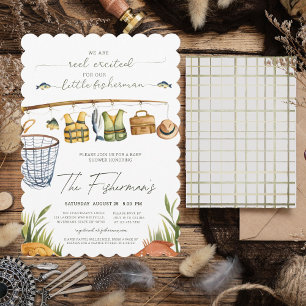 Reel Exced Watercolor Fishing Baby Shower Inbjudningar