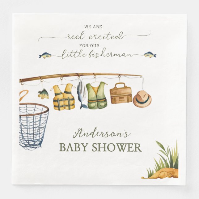 Reel Excited Little Fisherman Fishing Baby Shower  Pappersservett (Framsida)