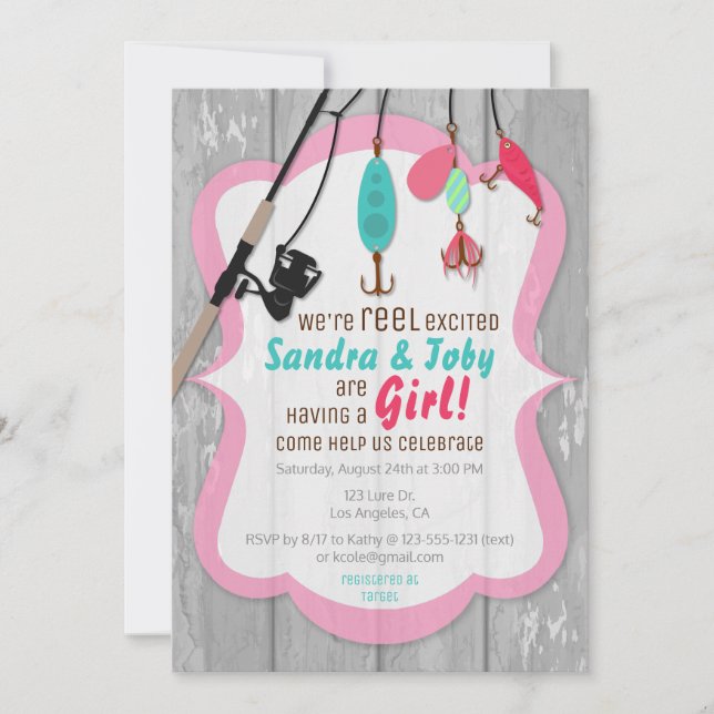 Reel Excted Fishing Rosa Baby Shower-inbjudan Inbjudningar (Framsida)