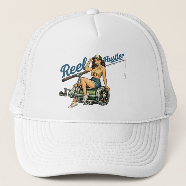 Reel Hustler Retro Fishing Pin-Up | Funny Fish Keps (Framsida)