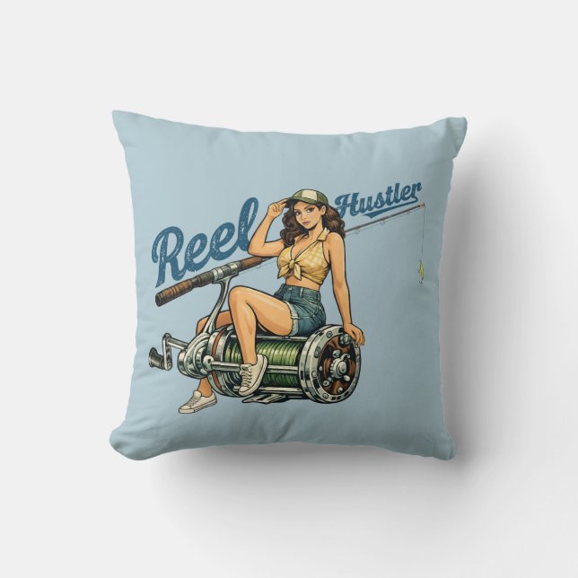 Reel Hustler Retro Fiske Pin-Up Blå Rolig Fisk Kudde (Framsida)