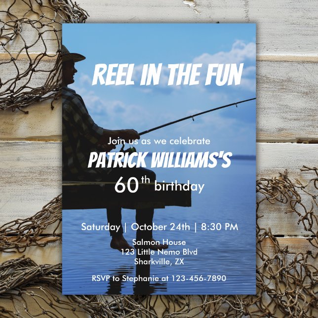 Reel in the Roligt Sunset Fisherman 60 Birthday Inbjudningar (Skapare uppladdad)