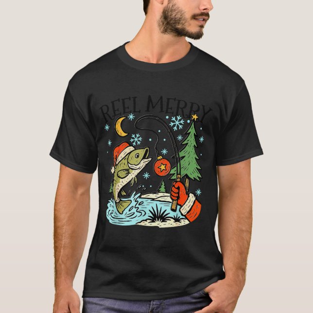 Reel Merry Christmas Fishing Funny Hook B Fi-shirt T Shirt (Framsida)