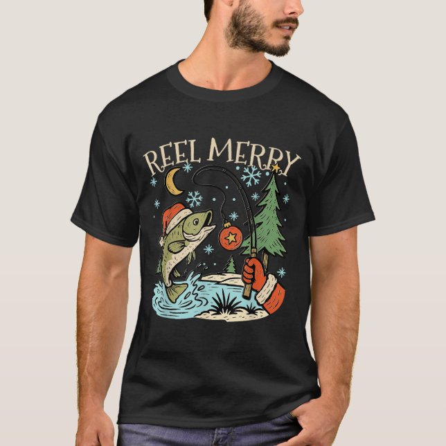 Reel Merry Christmas Fishing Funny Hook B Fi-shirt T Shirt (Framsida)