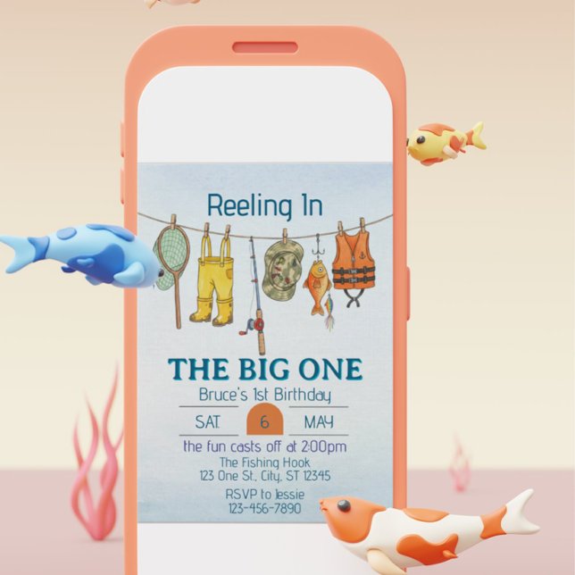 Reeling The Big One, Fishing Line 1st Birthday Inbjudningar (Skapare uppladdad)