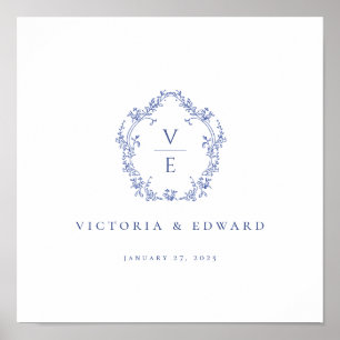 ReEmergency Blue Ornate Vapensköld Monogram Bröllo Poster