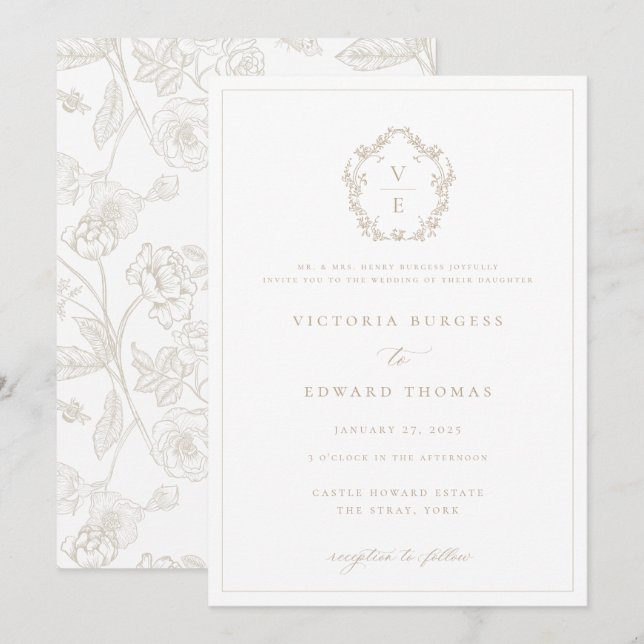 ReEmergency Era Beige Vapensköld Monogram Bröllop Inbjudningar (Fram/baksida)