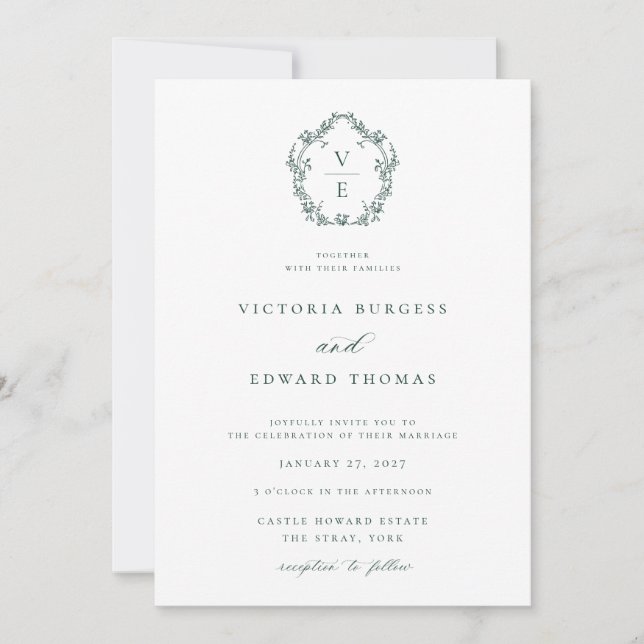 ReEmergency Era Emerald Monogram Vapensköld Bröllo Inbjudningar (Framsida)