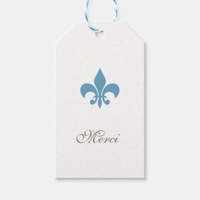 ReEmergency Fransk Blue Fleur de Lis Merci Bröllop Presentetikett (Framsidan)