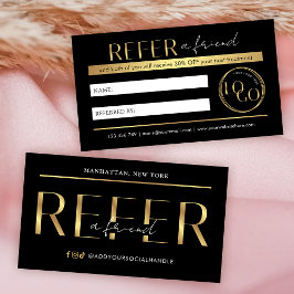 Refer A Friend Modern Black & Gold Logo Salon Spa Rabattkort