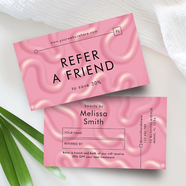Refer a Friend Trendy Pink Abstract Spa Salon Rabattkort (Girly 3D Effect blush pink refer a friend discount cards with modern type and minimal layout)