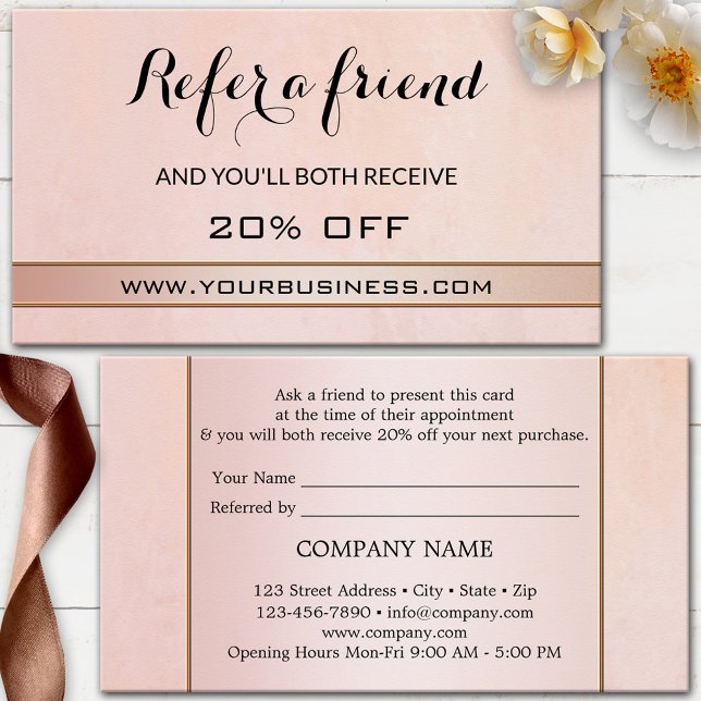 Referensaffärskort i roséguld rabattkort (Elegant referral business card featuring a blush pink and rose gold artistic design)