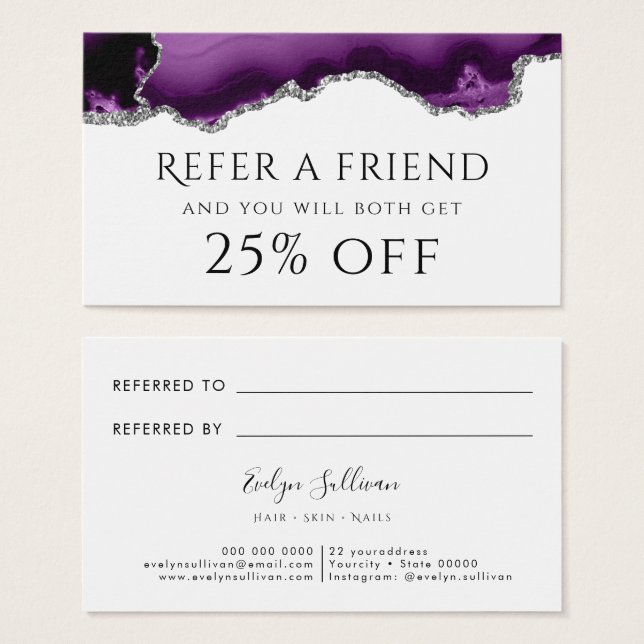 Referenskort för lila silver glitter Agate Visitkort (Framsida & baksida)