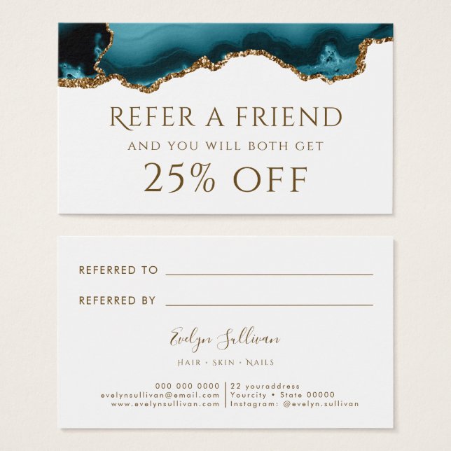 Referenskort för teal guld glitter Agate Visitkort (Framsida & baksida)