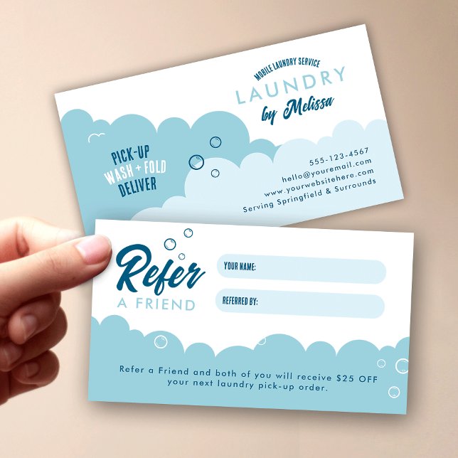 Referera en vän Mobil tvättjänst Blå & Vit Rabattkort (Modern mobile laundry service & dry cleaners refer a friend discount cards in blue and white)