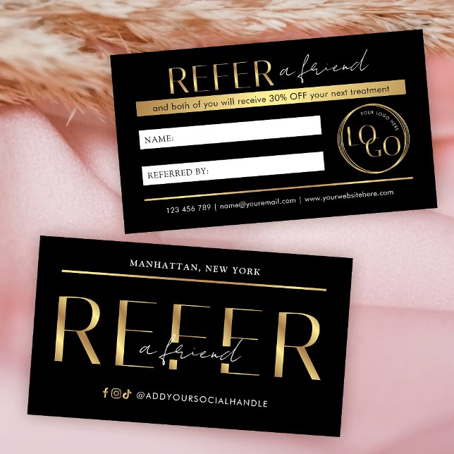 Referera en vän Modern svart & guld Logo Salong Sp Rabattkort (Black and gold refer a friend business cards with your custom logo and referral discount offer)