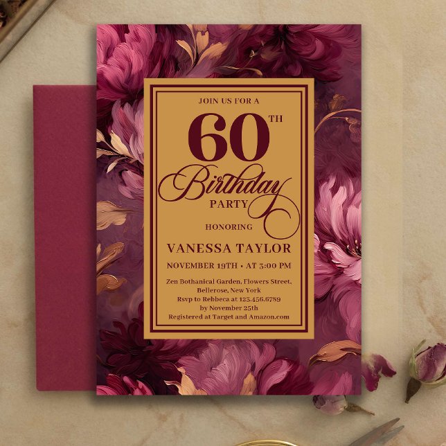 Refined 60th Birthday Burgundy Blush Floral Invite Inbjudningar (Refined 60th Birthday Burgundy Blush Floral Invitation)