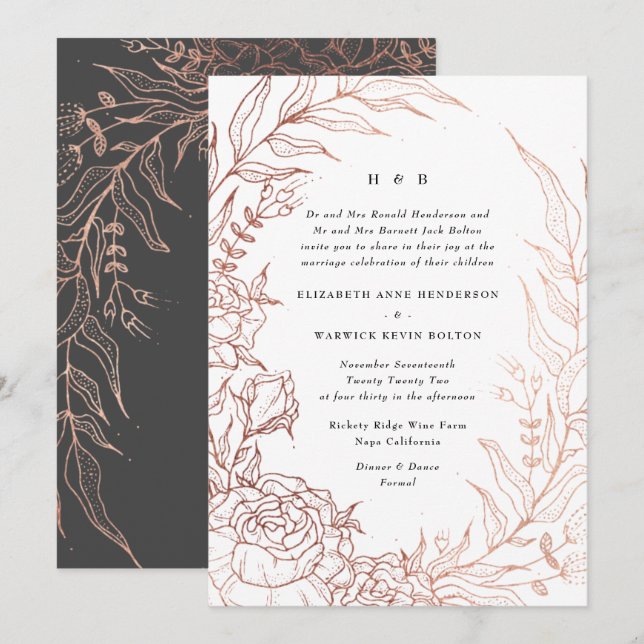 Refined Black Elegance Ro Guld Monogram Wandeans Inbjudningar (Fram/baksida)