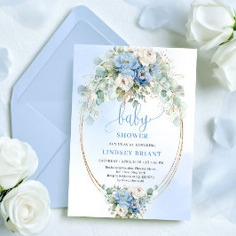 Refined Blue Peony Floral Eucalyptus Baby Shower  Inbjudningar