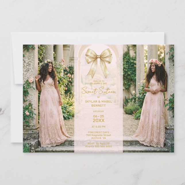 Refined Blush Pink Twins Sweet 16 Coquette TMF26 Inbjudningar (Framsida)