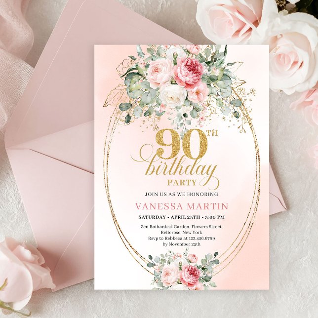 Refined Blush Roses Gold Minimal 90th Birthday  Inbjudningar (Modern Bohemian Blush Floral 90th Birthday Invitation)