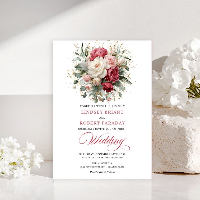 Refined Bohemian Red White Floral Greenery Invite Inbjudningar (Refined Bohemian Red White Floral Greenery Invitation)
