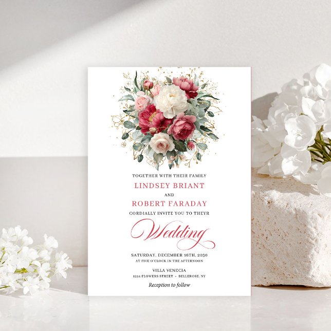 Refined Bohemian Ruby Red White Gold Invitation Inbjudningar (Glam Boho Crimson Red Blush Floral Greenery Invite)