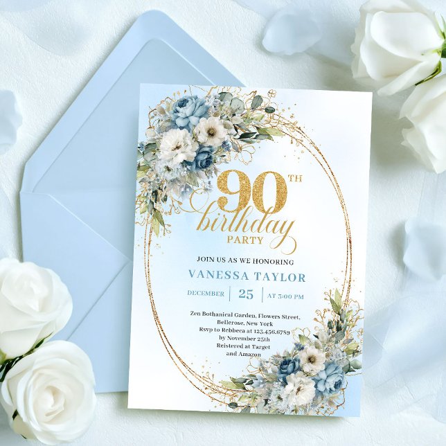 Refined Boho Dusty Blue Eucalyptus 90th Birthday Inbjudningar (Refined Boho Dusty Blue Eucalyptus 90th Birthday)