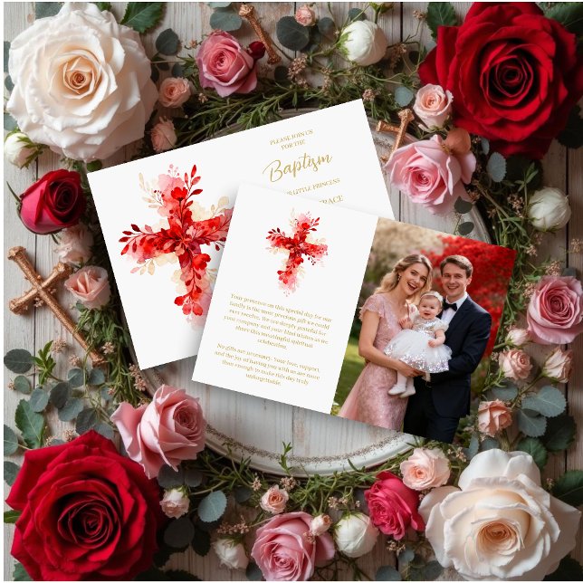 Refined Botanical Cross in Red Tones Photo Baptism Inbjudningar (Refined Botanical Cross in Red Tones Baptism Invitation Card Designs with Back Photo Family. )