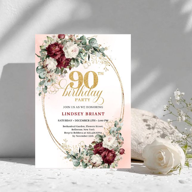 Refined Burgundy Floral Gold Frame 90th Birthday  Inbjudningar (Refined Burgundy Floral Gold Frame 90th Birthday Invite)