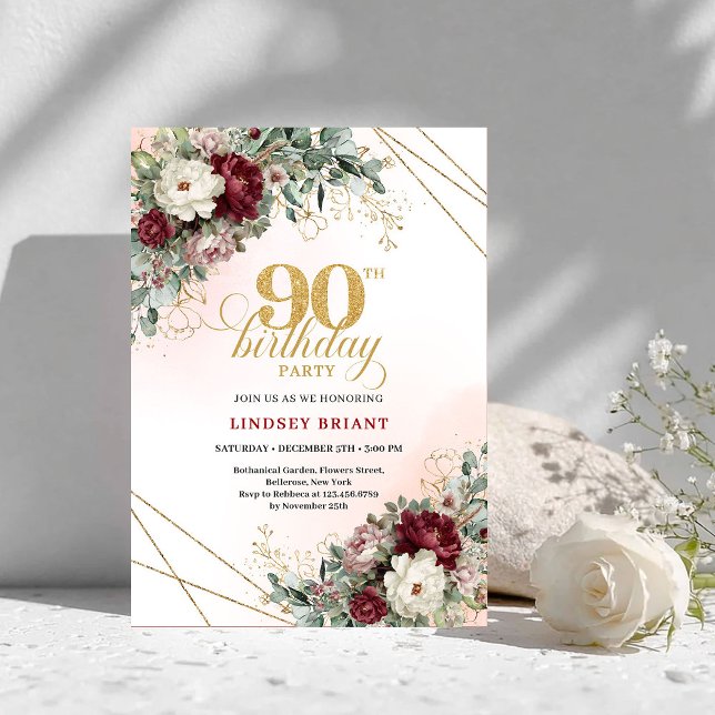 Refined Burgundy Flowers Eucalyptus 90th Birthday Inbjudningar (Refined Burgundy Flowers Eucalyptus 90th Birthday)