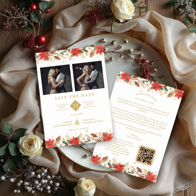Refined Classic Christmas Garland Wedding Spara Datumet (Refined Sophisticated Classic Christmas Garland Wedding Save the Date Cards with Two Photos and Back)