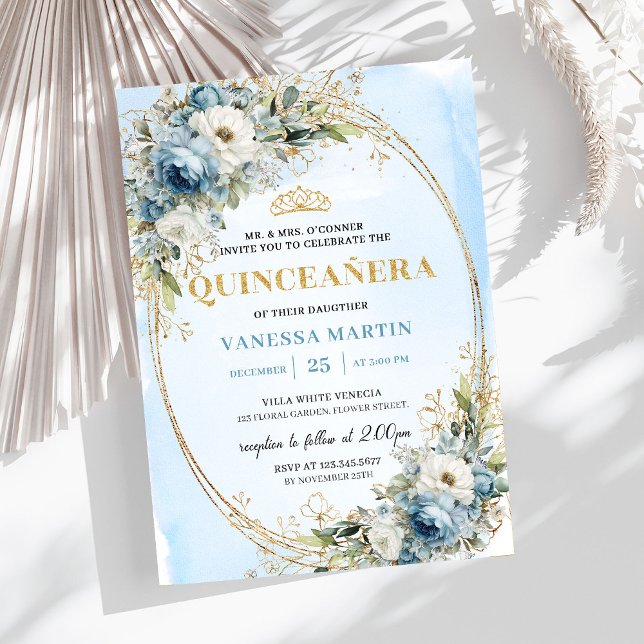 Refined Dusty Blue Gold Greenery Quince 15 Inbjudningar (Refined Dusty Blue Gold Greenery Quince 15)