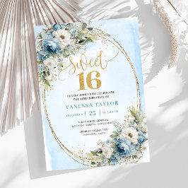 Refined Dusty Blue Greenery Sweet Sixteen Invites Inbjudningar