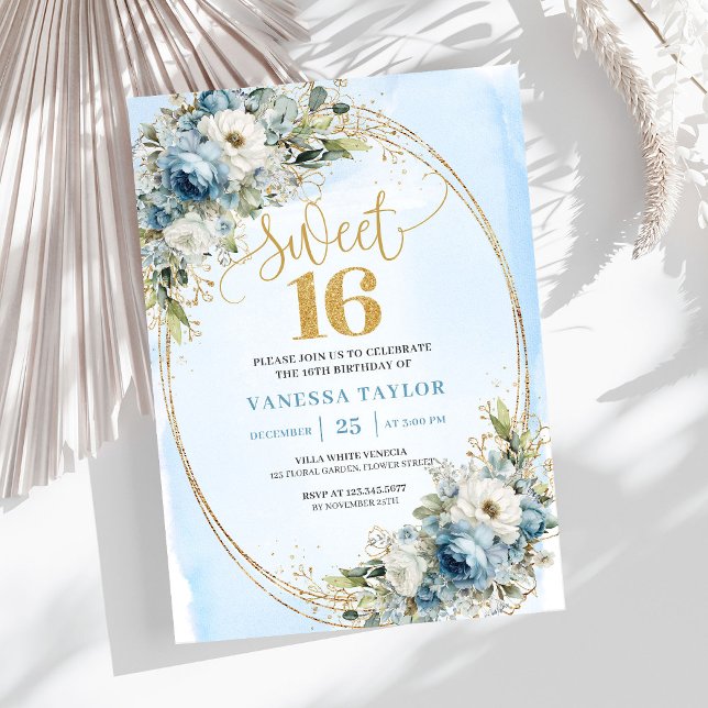 Refined Dusty Blue Greenery Sweet Sixteen Invites Inbjudningar (Refined Dusty Blue Greenery Sweet Sixteen Invitation)