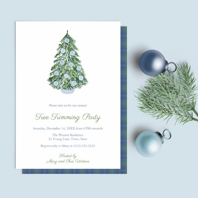 Refined Ginger Burk Träd Trimming Helgdagar Party Inbjudningar (Chinoiserie Chic Blue And White Tree Trimming Christmas Holidays Party Invitation)