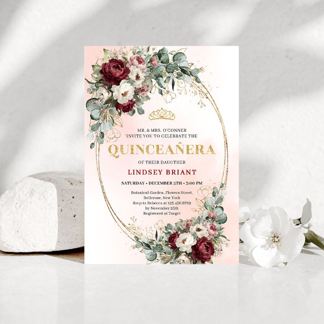 Refined Marsala Floral Gold Quinceañera Invitation Inbjudningar (Refined Marsala Floral Gold Quinceañera Invitation)