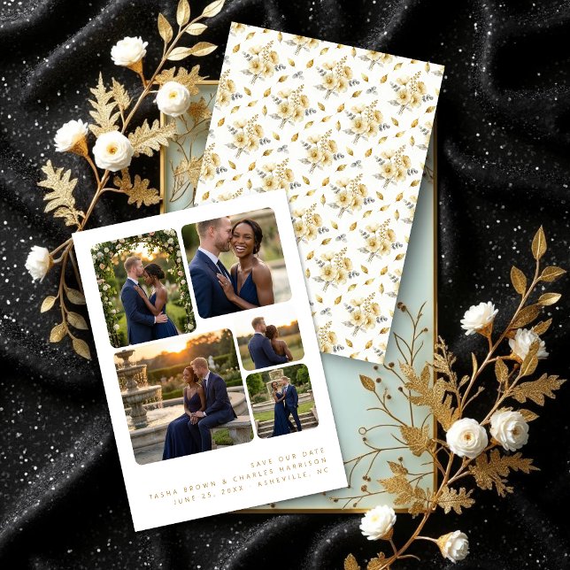 Refined Minimalist 5-Photo Collage Wedding  Spara Datumet (Refined Minimalist 5-Photo Collage Wedding Save the Date Card Design.)
