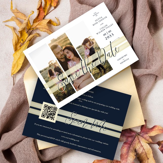 Refined Navy & Gold Elegant Script 3 Multi Photos Spara Datumet (Refined Navy and Faux Gold Elegant Script 3 Multi Photos Save the Date Card with Envelope)