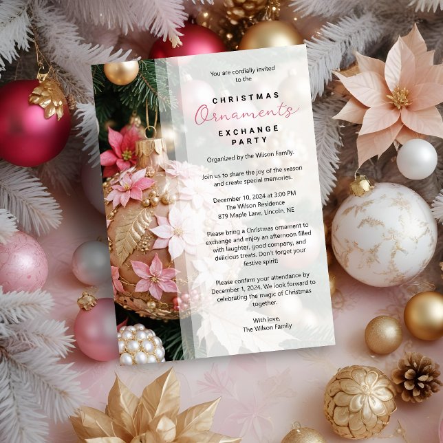 Refined Pink Christmas Balls Ornament Exchange Inbjudningar (Refined Stylish Pink Christmas Balls Ornament Exchange Party Invitations Cards.)