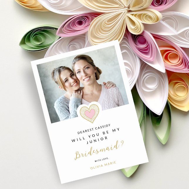 Refined Pink Lace Heart Photo Jr Bridesmaid Inbjudningar (Romantic Refined Cute Pink Lace Heart Photo Jr Bridesmaid Proposal Card.)