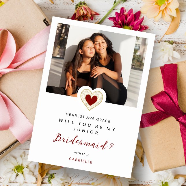Refined Red Lace Heart Photo Jr Bridesmaid Inbjudningar (Romantic Refined Cute Red Heart Photo Jr Bridesmaid Proposal Card with Envelope.)