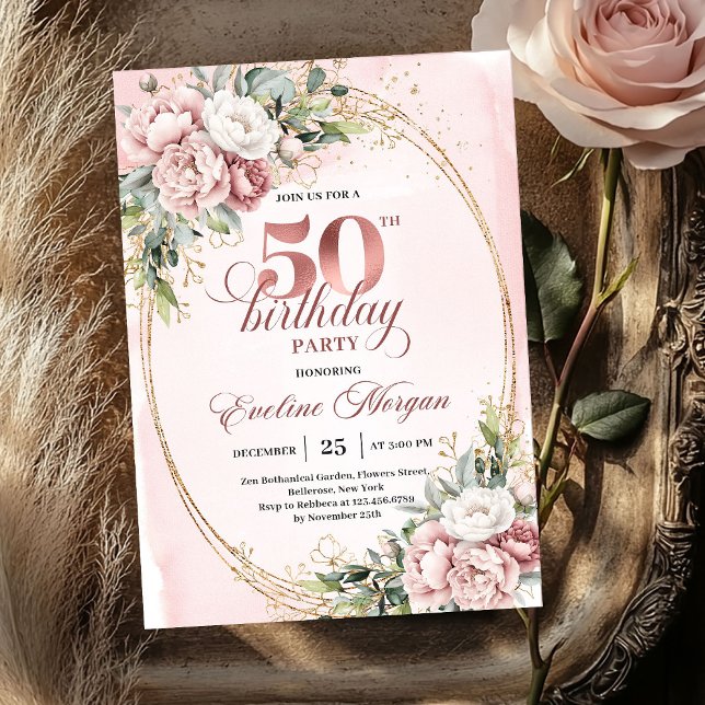 Refined Rose Gold Greenery 50th Birthday Invite Inbjudningar (Refined Rose Gold Greenery 50th Birthday Invite)