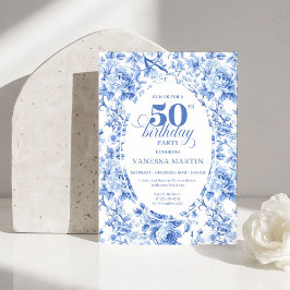 Refined Royal Blue Toile de Jouy Floral 50 Birthd Inbjudningar